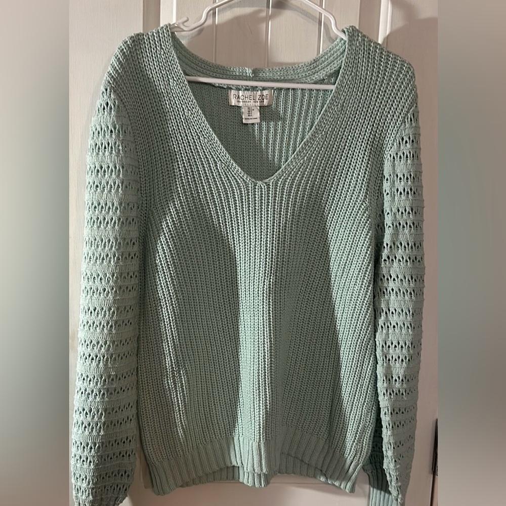 Rachel Zoe Soft Mint V-Neck Openwork Sleeve Sweater